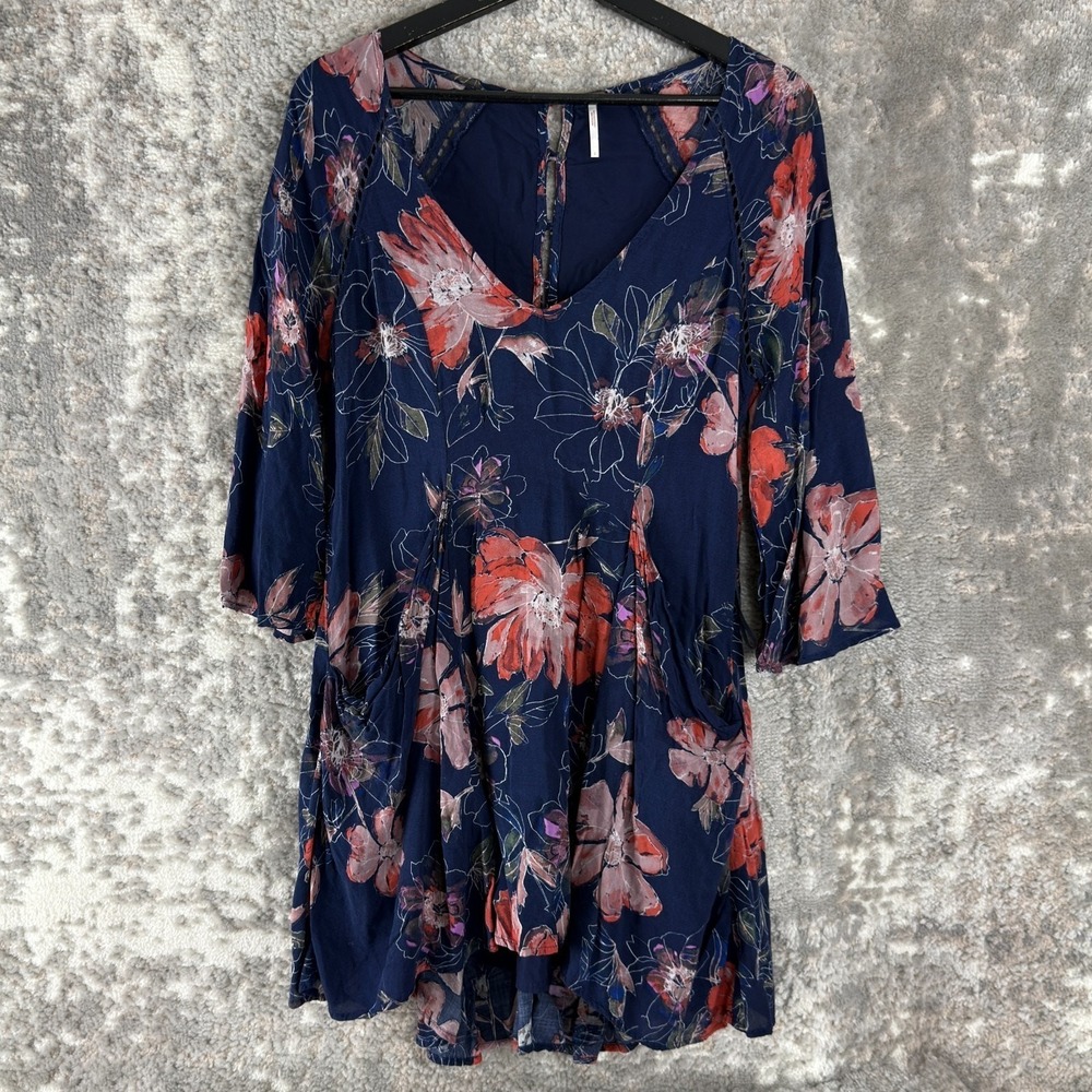Free People Size 2 Floral Print V Neck Fit Flare Mini Dress Navy Colorful Button